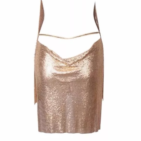 Gold mesh metallic dress choker halter glam club - Picture 3 of 4